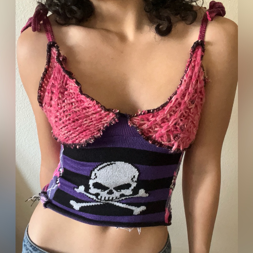 upcycled shoulder ribbon skull tied tank top